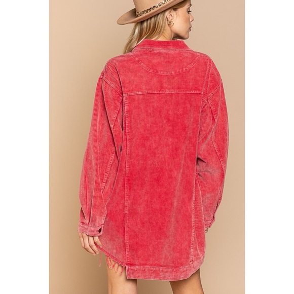 POL Ruby Red Oversized Distressed Hem Long Corduroy Jacket - Picture 6 of 8